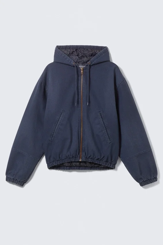 Relaxed Hooded Bomber Jacket – Washed Navy Blue Relaxed Hooded Bomber Jacket – Washed Navy Blue