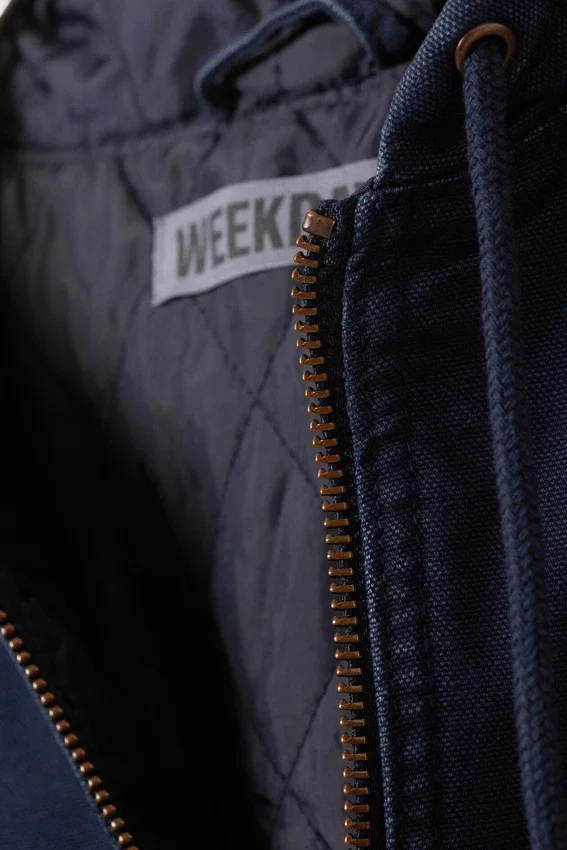 Relaxed Hooded Bomber Jacket – Washed Navy Blue Relaxed Hooded Bomber Jacket – Washed Navy Blue