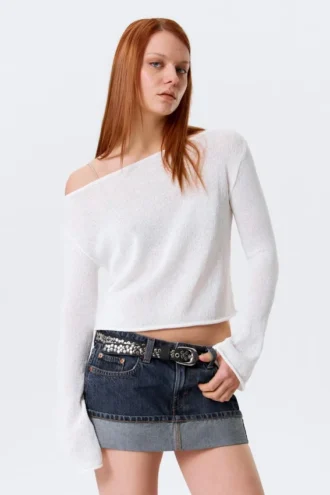 Relaxed Knitted Boat-Neck Sweater – White