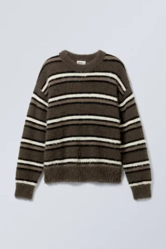 Relaxed Knitted Striped Hairy Sweater – Brown Stripe
