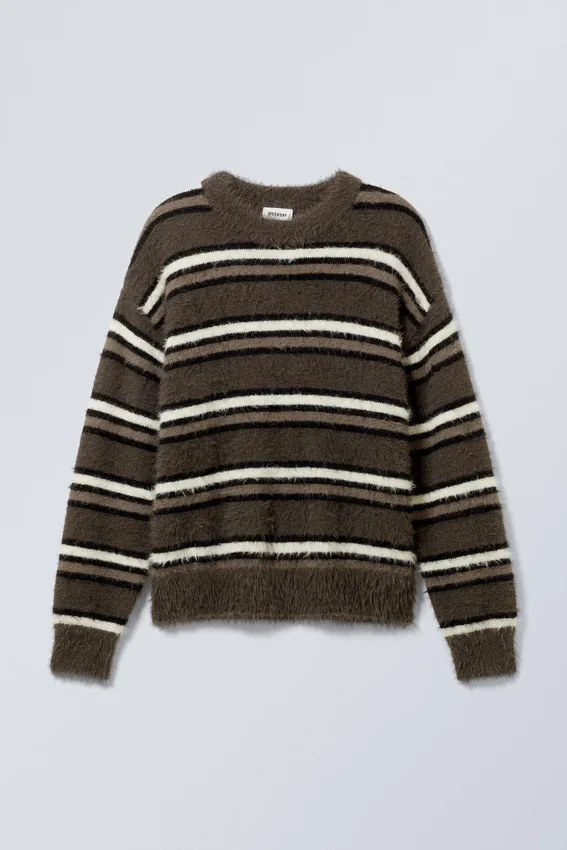 Relaxed Knitted Striped Hairy Sweater – Brown Stripe Relaxed Knitted Striped Hairy Sweater – Brown Stripe