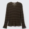 Relaxed Knitted V-Neck Sweater – Striped Dark Brown Relaxed Knitted V-Neck Sweater – Striped Dark Brown
