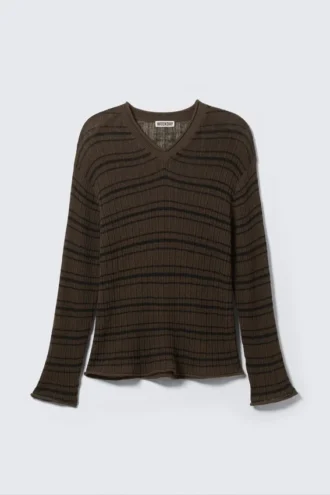 Relaxed Knitted V-Neck Sweater – Striped Dark Brown