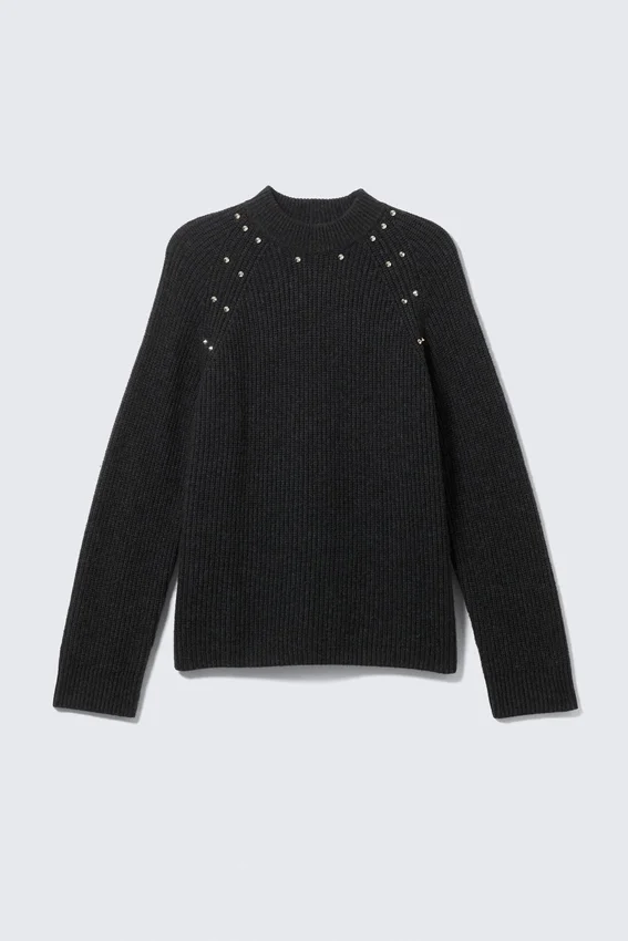 Relaxed Knitted Wool-Blend Sweater with Studs – Black – Studs Relaxed Knitted Wool-Blend Sweater with Studs – Black – Studs