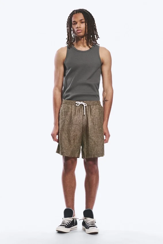 Relaxed Linen Drawstring Shorts – Dark Brown Melange Relaxed Linen Drawstring Shorts – Dark Brown Melange