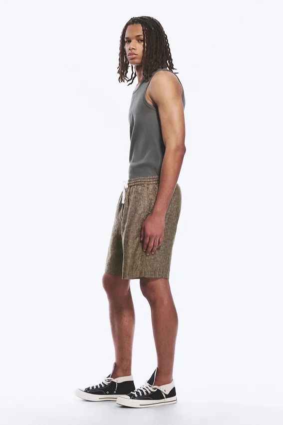 Relaxed Linen Drawstring Shorts – Dark Brown Melange Relaxed Linen Drawstring Shorts – Dark Brown Melange