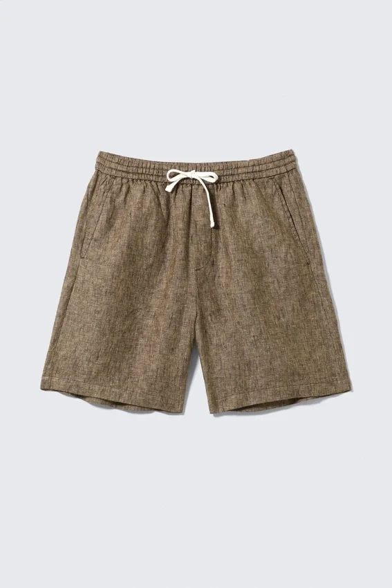 Relaxed Linen Drawstring Shorts – Dark Brown Melange Relaxed Linen Drawstring Shorts – Dark Brown Melange