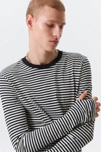 Relaxed Long-Sleeved Cotton T-Shirt – Black & White Stripes