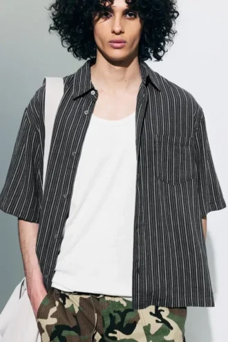 Relaxed Short-Sleeved Linen-Blend Shirt – Dark Grey Stripe