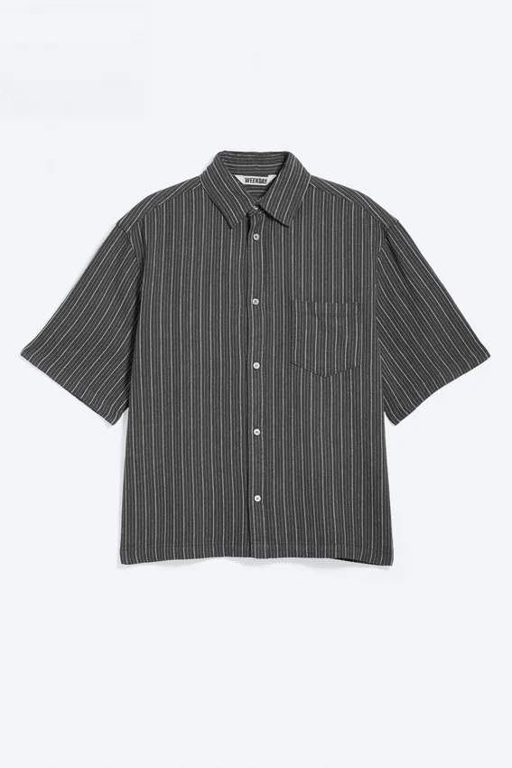 Relaxed Short-Sleeved Linen-Blend Shirt – Dark Grey Stripe Relaxed Short-Sleeved Linen-Blend Shirt – Dark Grey Stripe