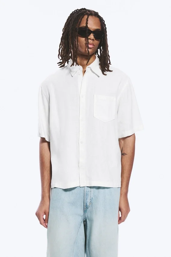 Relaxed Short-Sleeved Linen-Blend Shirt – Dusty White Relaxed Short-Sleeved Linen-Blend Shirt – Dusty White