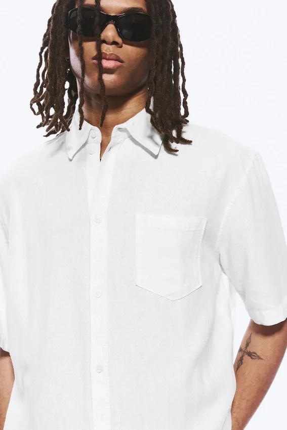 Relaxed Short-Sleeved Linen-Blend Shirt – Dusty White Relaxed Short-Sleeved Linen-Blend Shirt – Dusty White