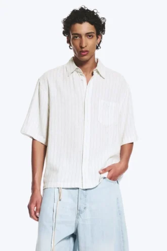 Relaxed Short-Sleeved Linen-Blend Shirt – White/Grey Stripe