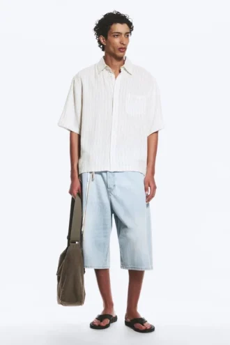 Relaxed Short-Sleeved Linen-Blend Shirt – White/Grey Stripe