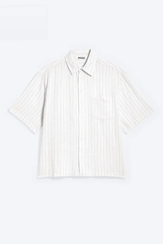 Relaxed Short-Sleeved Linen-Blend Shirt – White/Grey Stripe Relaxed Short-Sleeved Linen-Blend Shirt – White/Grey Stripe