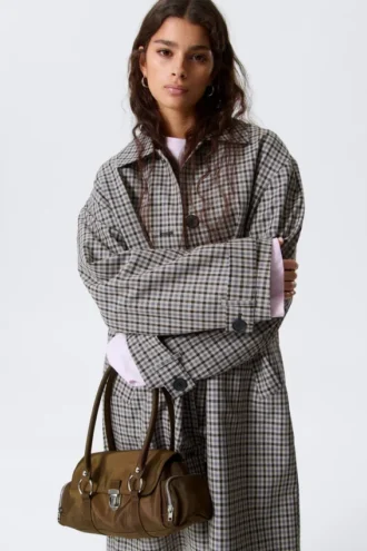 Relaxed Single-Breasted Car Coat – Checked Grey