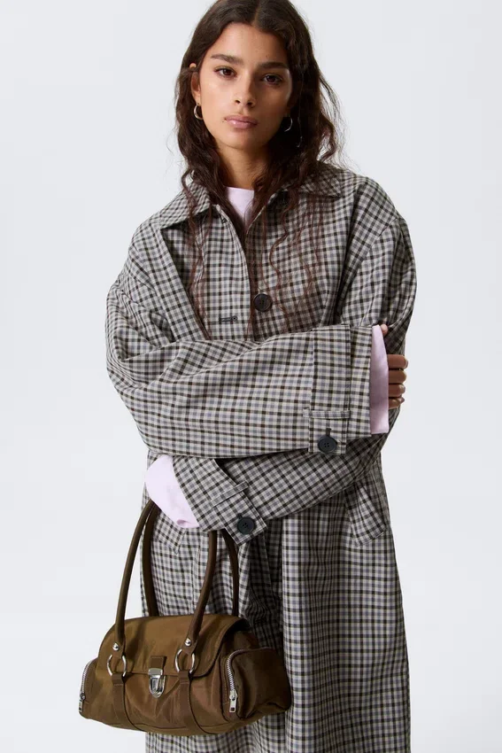 Relaxed Single-Breasted Car Coat – Checked Grey Relaxed Single-Breasted Car Coat – Checked Grey