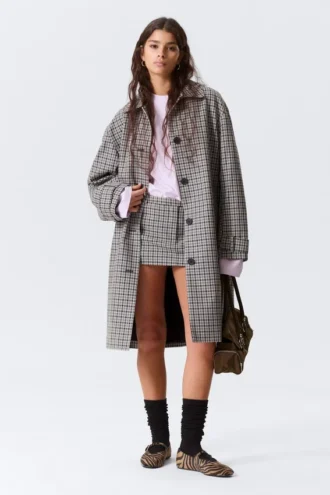 Relaxed Single-Breasted Car Coat – Checked Grey