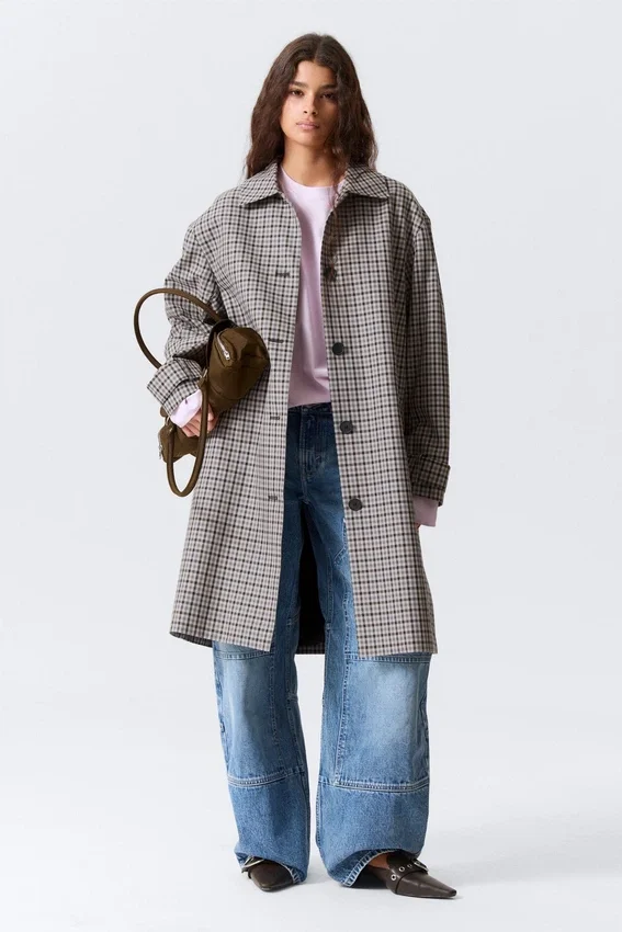 Relaxed Single-Breasted Car Coat – Checked Grey Relaxed Single-Breasted Car Coat – Checked Grey