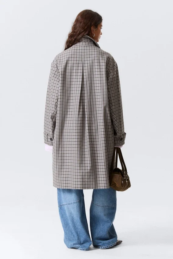 Relaxed Single-Breasted Car Coat – Checked Grey Relaxed Single-Breasted Car Coat – Checked Grey