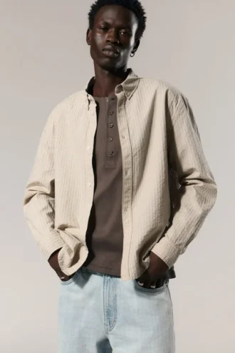 Relaxed Striped Button-Down Shirt – Striped Beige