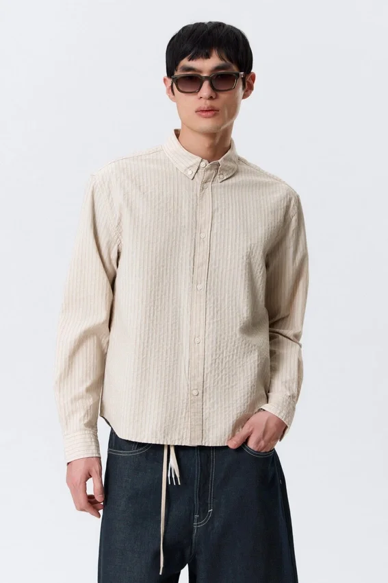 Relaxed Striped Button-Down Shirt – Striped Beige Relaxed Striped Button-Down Shirt – Striped Beige
