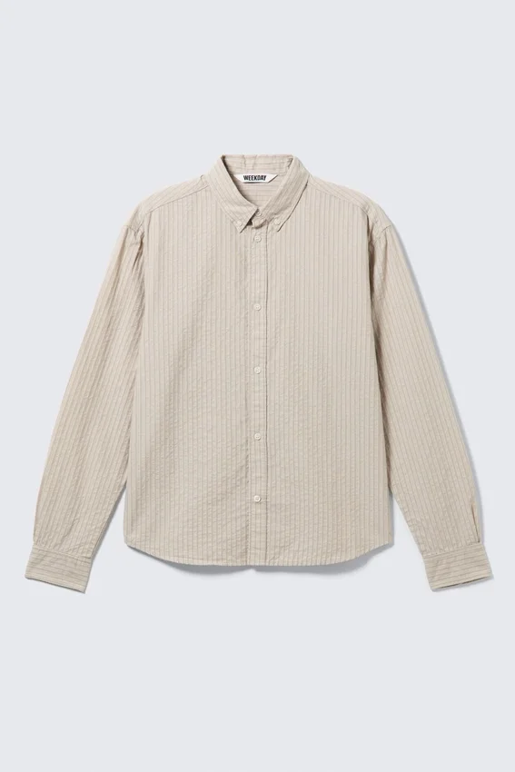 Relaxed Striped Button-Down Shirt – Striped Beige Relaxed Striped Button-Down Shirt – Striped Beige