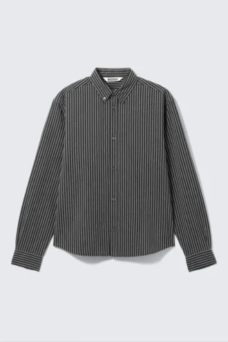 Relaxed Striped Button-Down Shirt – Striped Dark Grey