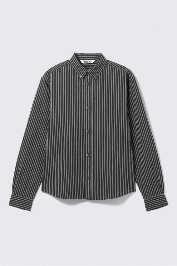 Relaxed Striped Button-Down Shirt – Striped Dark Grey Relaxed Striped Button-Down Shirt – Striped Dark Grey