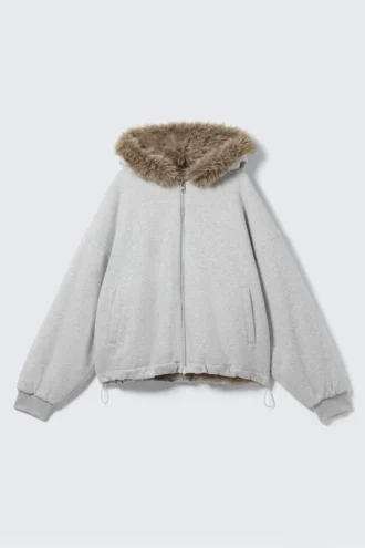 Reversible Faux Fur Zip Hoodie – Grey Melange & Brown