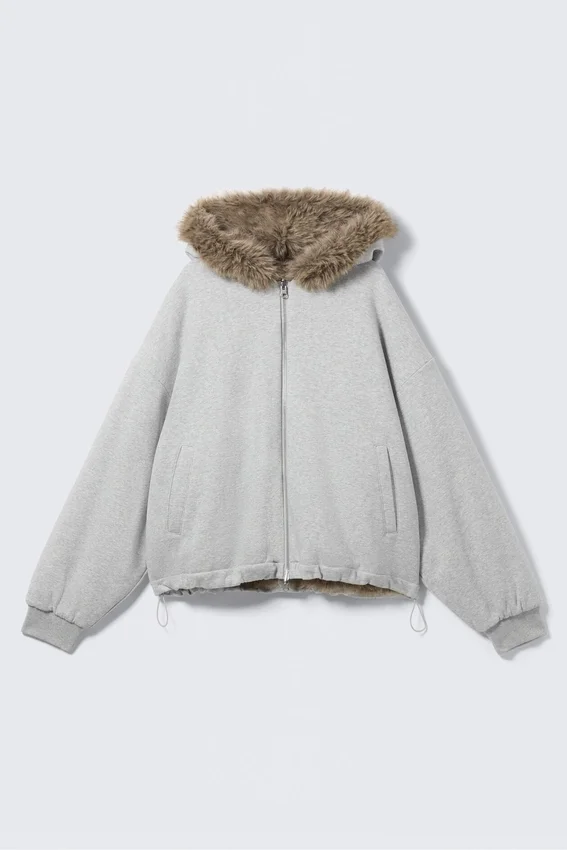 Reversible Faux Fur Zip Hoodie – Grey Melange & Brown Reversible Faux Fur Zip Hoodie – Grey Melange & Brown