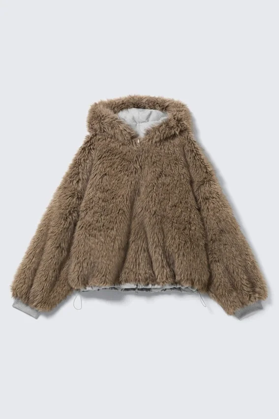 Reversible Faux Fur Zip Hoodie – Grey Melange & Brown Reversible Faux Fur Zip Hoodie – Grey Melange & Brown