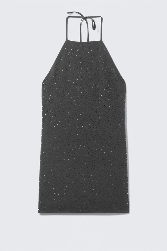 Rhinestone Halterneck Mini Dress – Dark Grey Rhinestone Halterneck Mini Dress – Dark Grey
