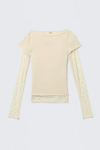 Rhinestone Mesh-Sleeve Top – Beige