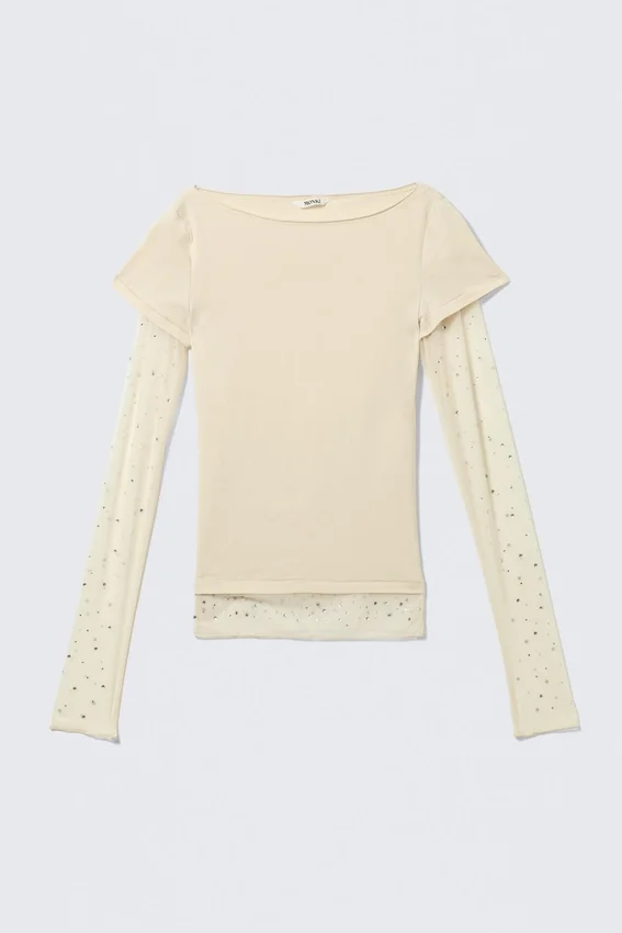 Rhinestone Mesh-Sleeve Top – Beige Rhinestone Mesh-Sleeve Top – Beige