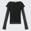 Rhinestone Mesh-Sleeve Top – Black Rhinestone Mesh-Sleeve Top – Black