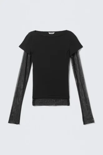Rhinestone Mesh-Sleeve Top – Black