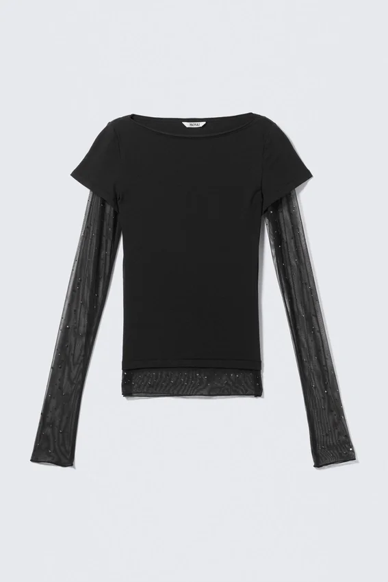 Rhinestone Mesh-Sleeve Top – Black Rhinestone Mesh-Sleeve Top – Black
