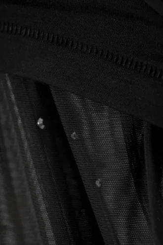 Rhinestone Mesh-Sleeve Top – Black