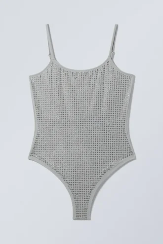 Rhinestone Scoop-Neck Swimsuit – Grey – Rhinestones
