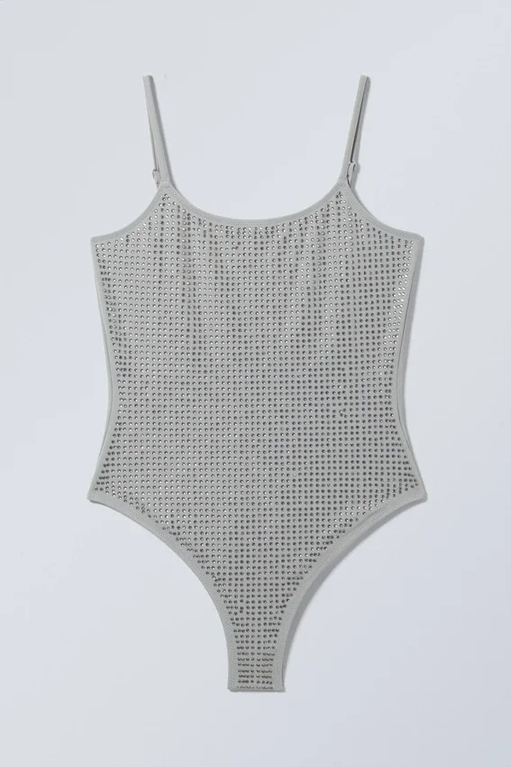 Rhinestone Scoop-Neck Swimsuit – Grey – Rhinestones Rhinestone Scoop-Neck Swimsuit – Grey – Rhinestones