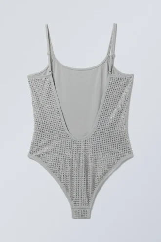 Rhinestone Scoop-Neck Swimsuit – Grey – Rhinestones