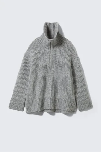Rib-Knit Half-Zip Turtleneck Sweater – Grey Melange