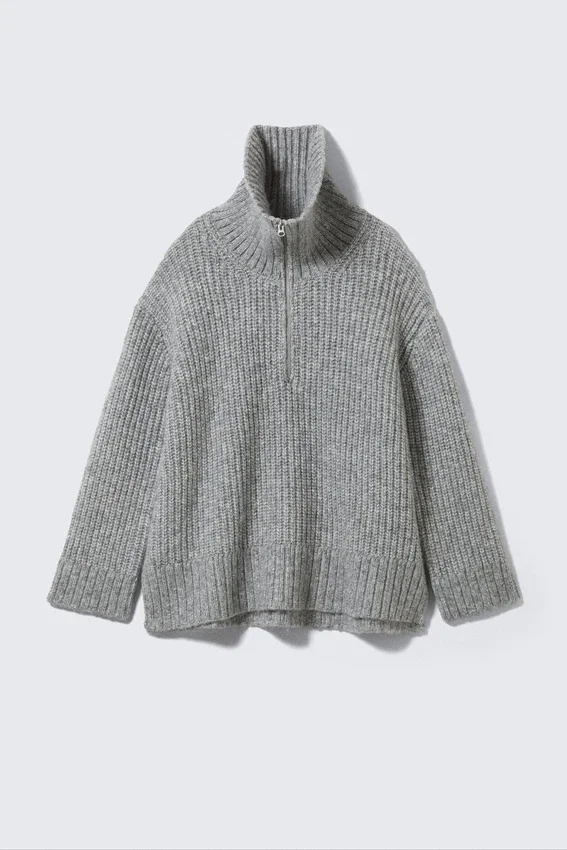 Rib-Knit Half-Zip Turtleneck Sweater – Grey Melange Rib-Knit Half-Zip Turtleneck Sweater – Grey Melange