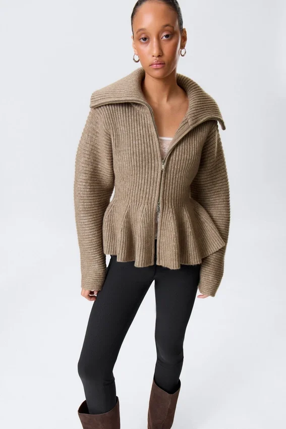 Rib Knit Peplum Zip Sweater – Dusty Mole Rib Knit Peplum Zip Sweater – Dusty Mole
