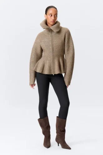 Rib Knit Peplum Zip Sweater – Dusty Mole
