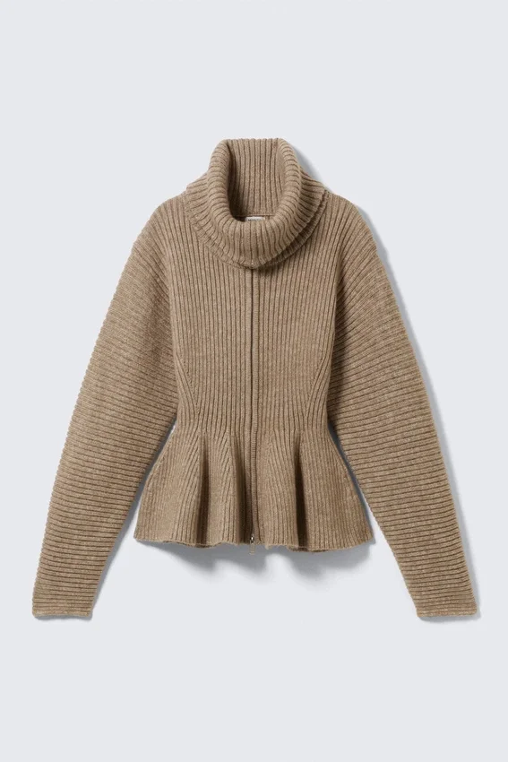 Rib Knit Peplum Zip Sweater – Dusty Mole Rib Knit Peplum Zip Sweater – Dusty Mole