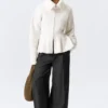 Rib Knit Peplum Zip Sweater – White Rib Knit Peplum Zip Sweater – White