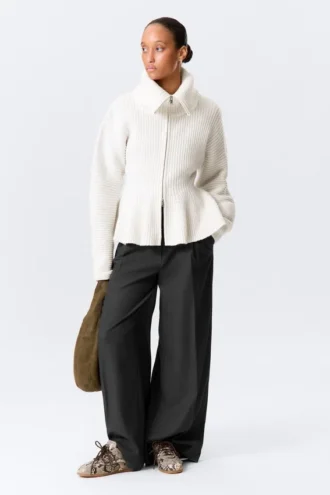 Rib Knit Peplum Zip Sweater – White