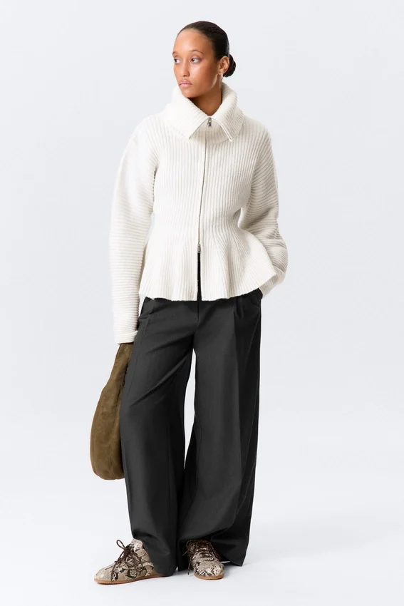 Rib Knit Peplum Zip Sweater – White Rib Knit Peplum Zip Sweater – White